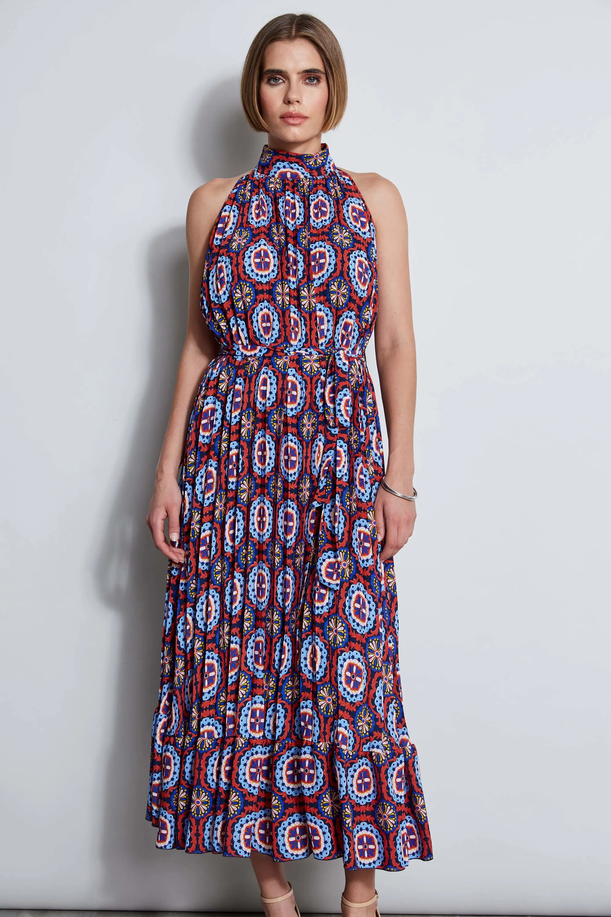 T-Tahari Pleated Print Halter Midi Dress