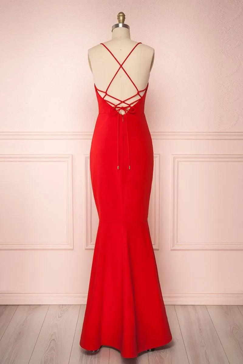 Thin Straps Backless Mermaid Red Prom, Red Mermaid Formal, Backless Red Evening