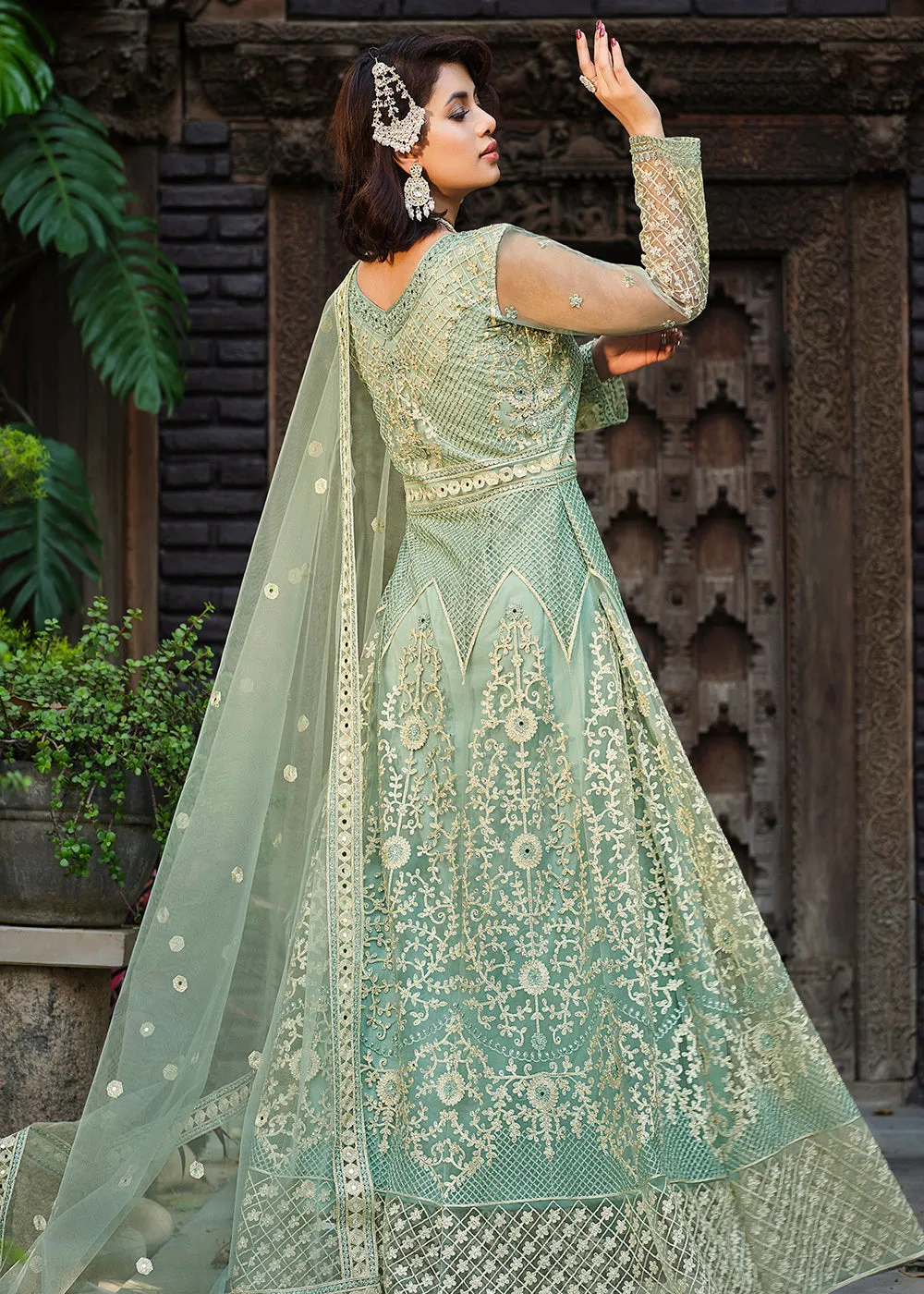 Thread Stone Embroidered Aqua Green Wedding Anarkali Suit