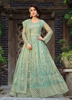 Thread Stone Embroidered Aqua Green Wedding Anarkali Suit