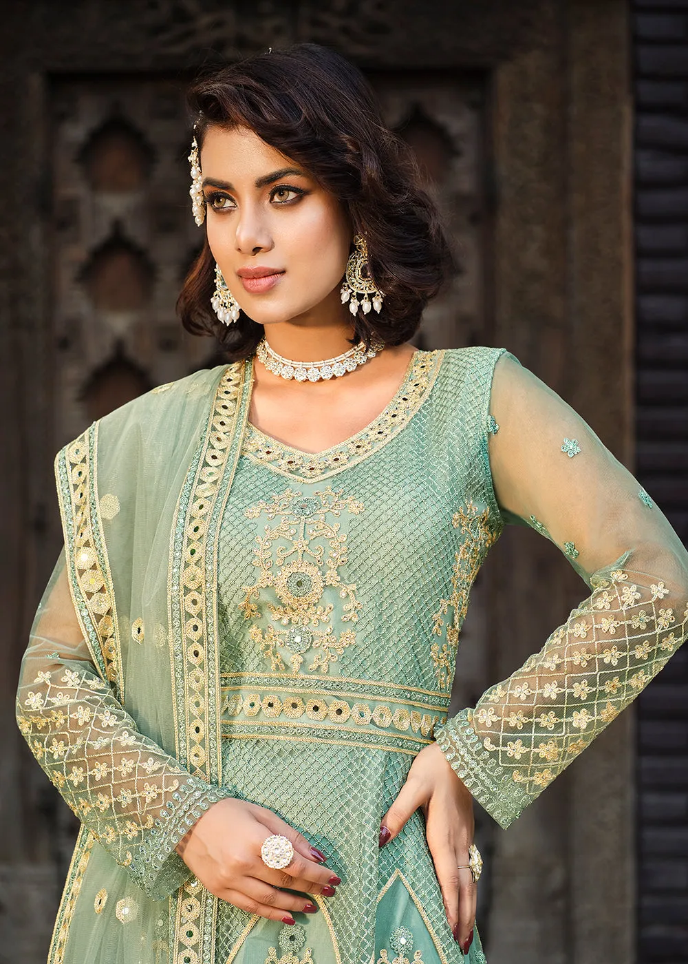 Thread Stone Embroidered Aqua Green Wedding Anarkali Suit