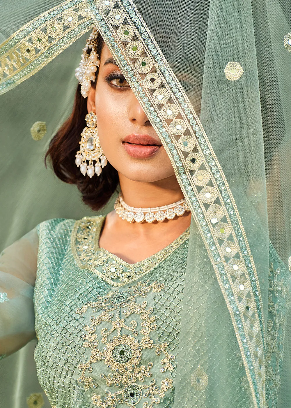 Thread Stone Embroidered Aqua Green Wedding Anarkali Suit