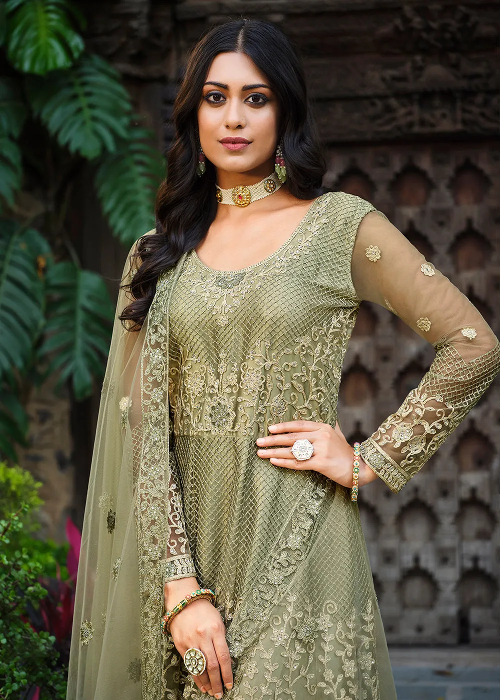 Thread Stone Embroidered Stunning Green Wedding Anarkali Suit