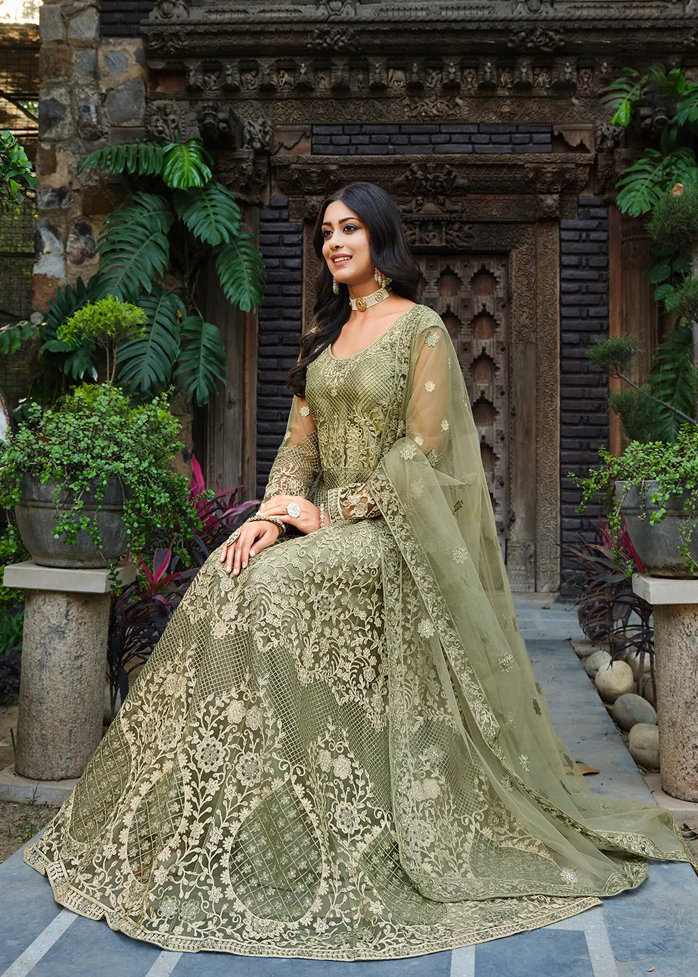 Thread Stone Embroidered Stunning Green Wedding Anarkali Suit