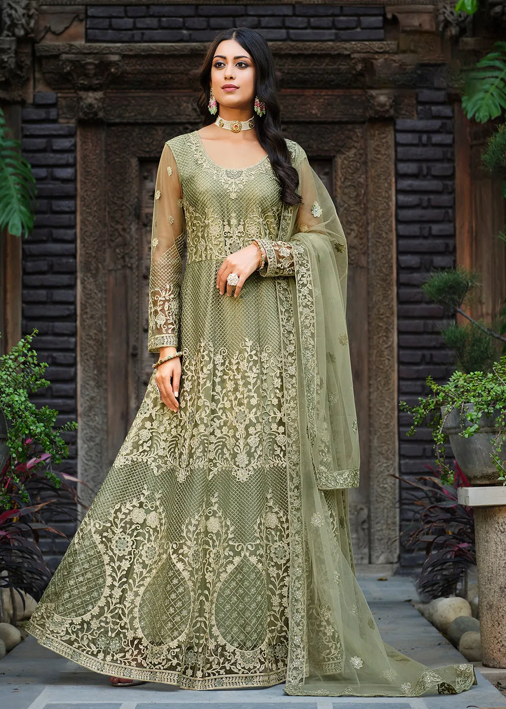 Thread Stone Embroidered Stunning Green Wedding Anarkali Suit