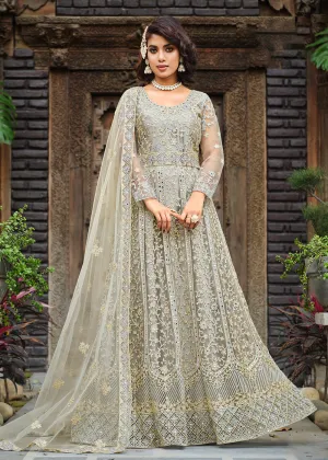 Thread Stone Embroidered Stunning Grey Wedding Anarkali Suit