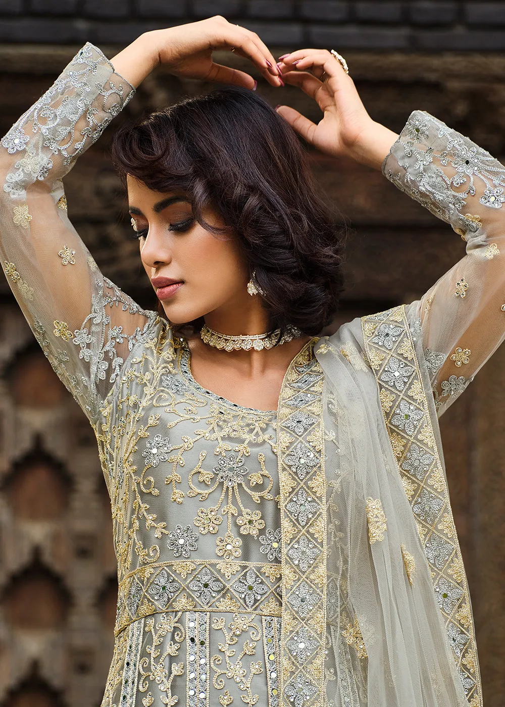 Thread Stone Embroidered Stunning Grey Wedding Anarkali Suit