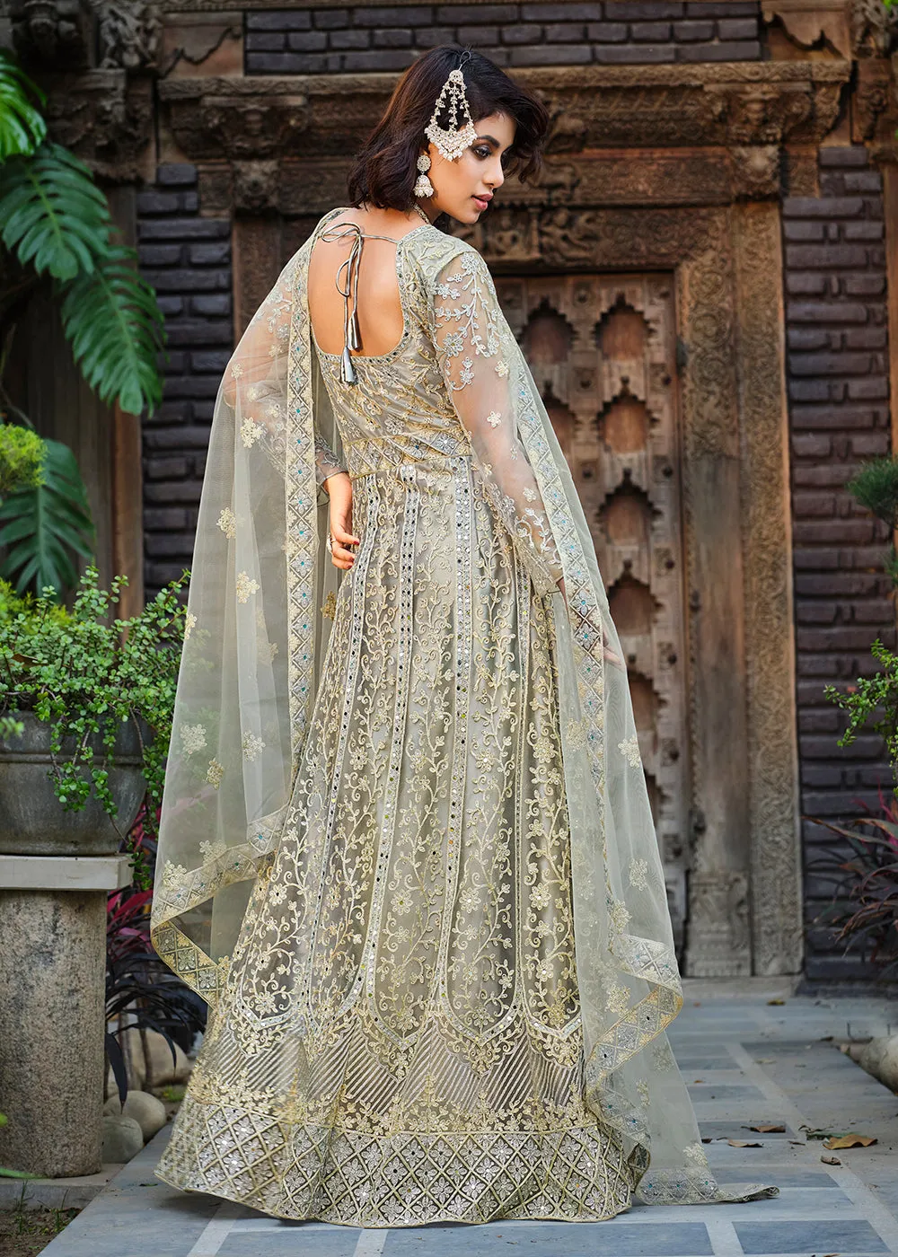 Thread Stone Embroidered Stunning Grey Wedding Anarkali Suit