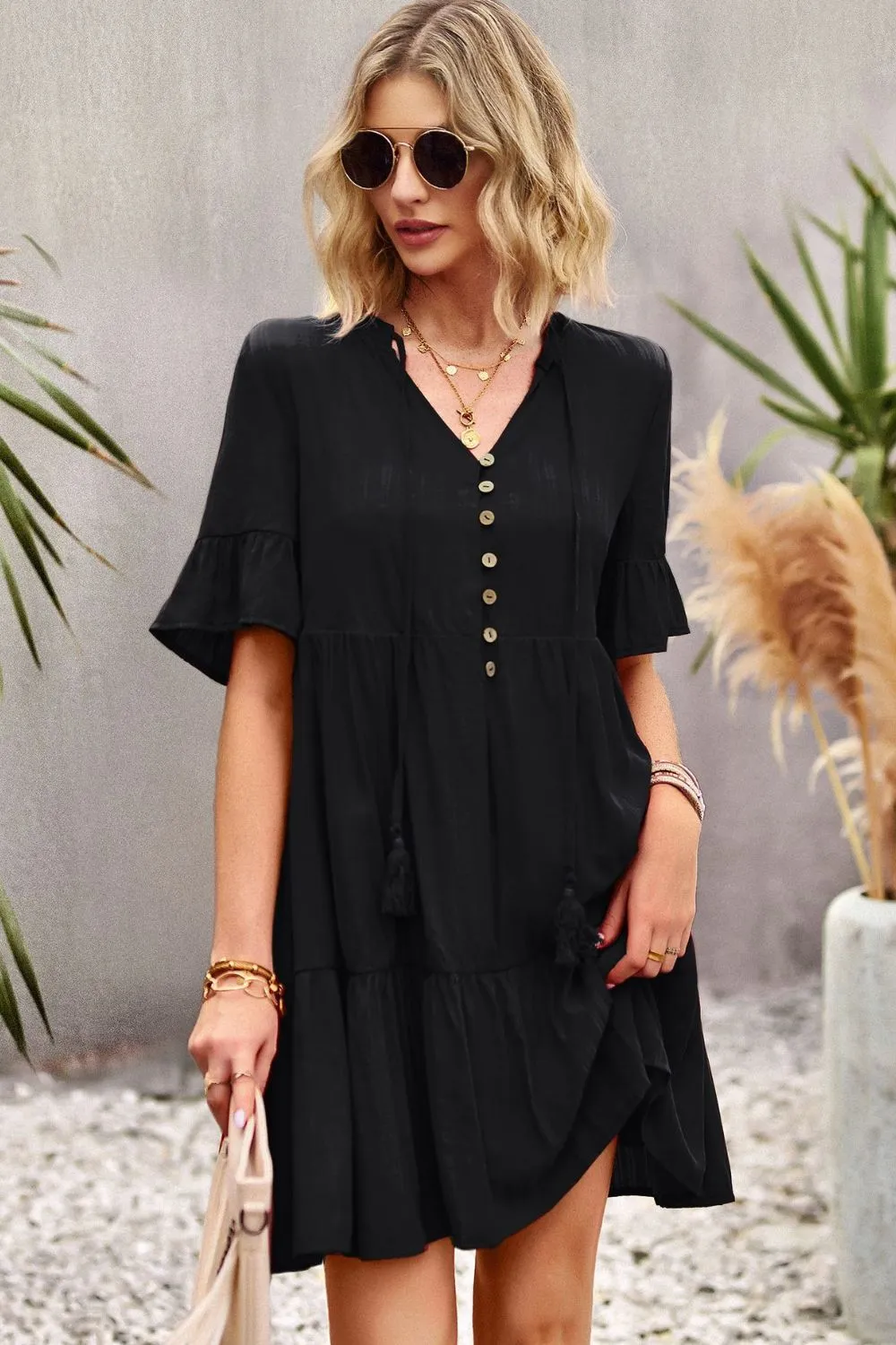 Tie Neck Buttoned Flounce Sleeve Dress