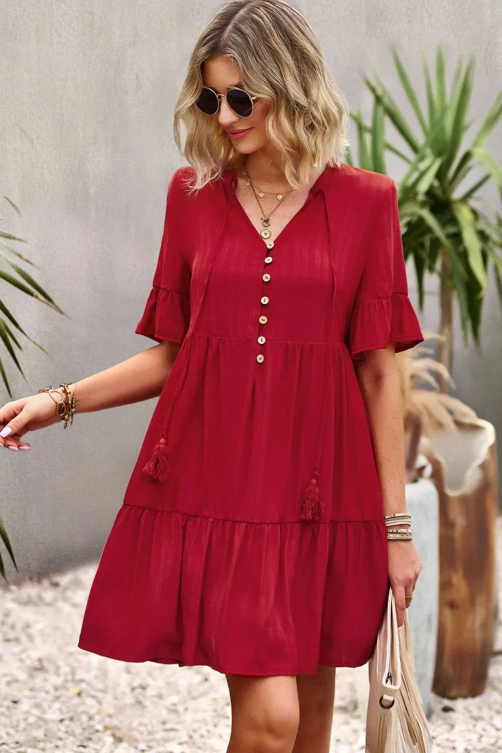 Tie Neck Buttoned Flounce Sleeve Dress