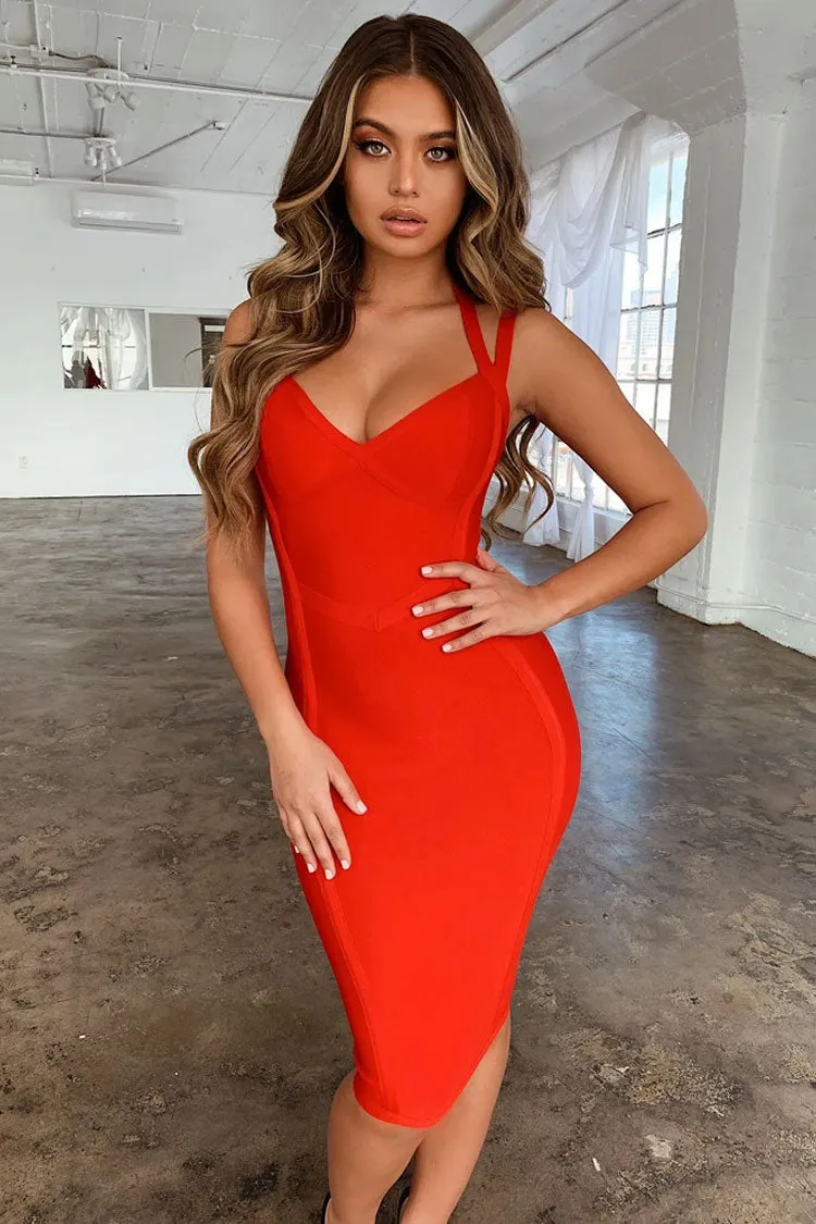 Unique Halter Bandage Bodycon Midi Cocktail Party Dress - Red