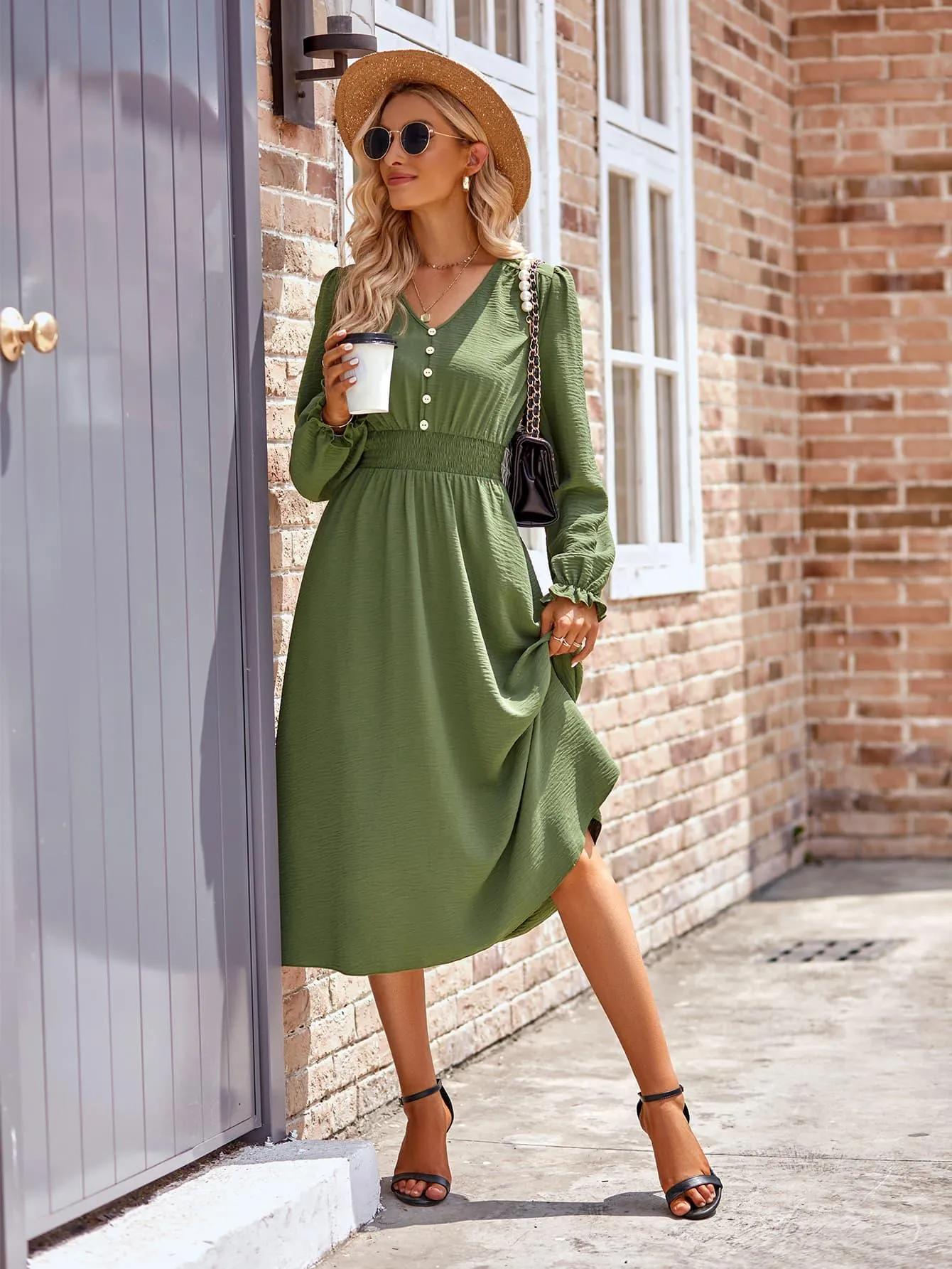 V-Neck Flounce Sleeve Midi Dress