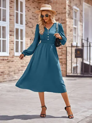 V-Neck Flounce Sleeve Midi Dress