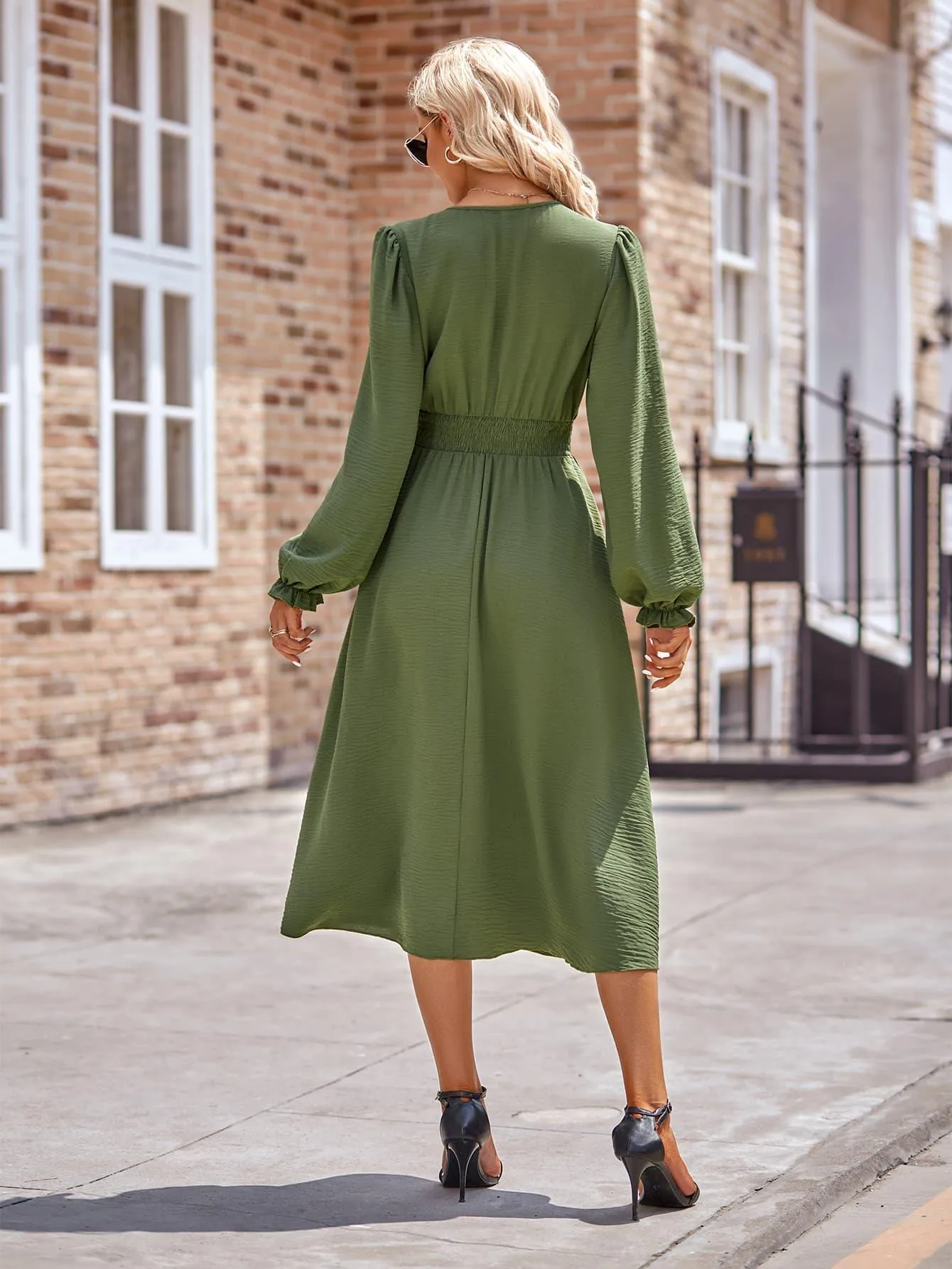 V-Neck Flounce Sleeve Midi Dress