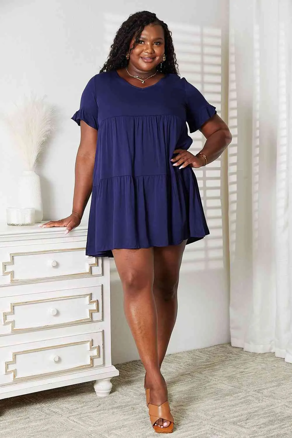 V-Neck Flounce Sleeve Tiered Dress