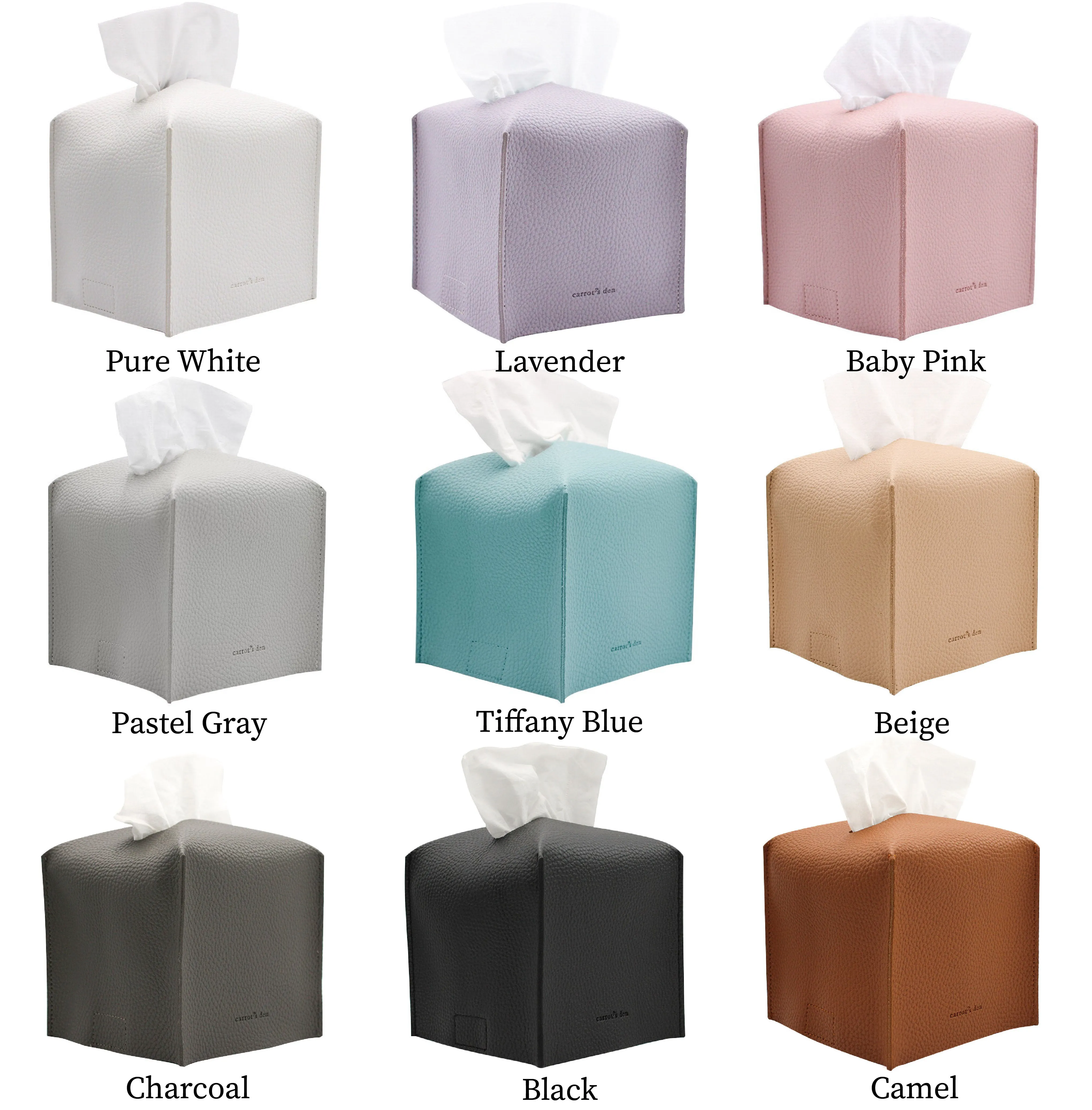 Vegan Leather Tissue Box Cover, Square, 9 Colors