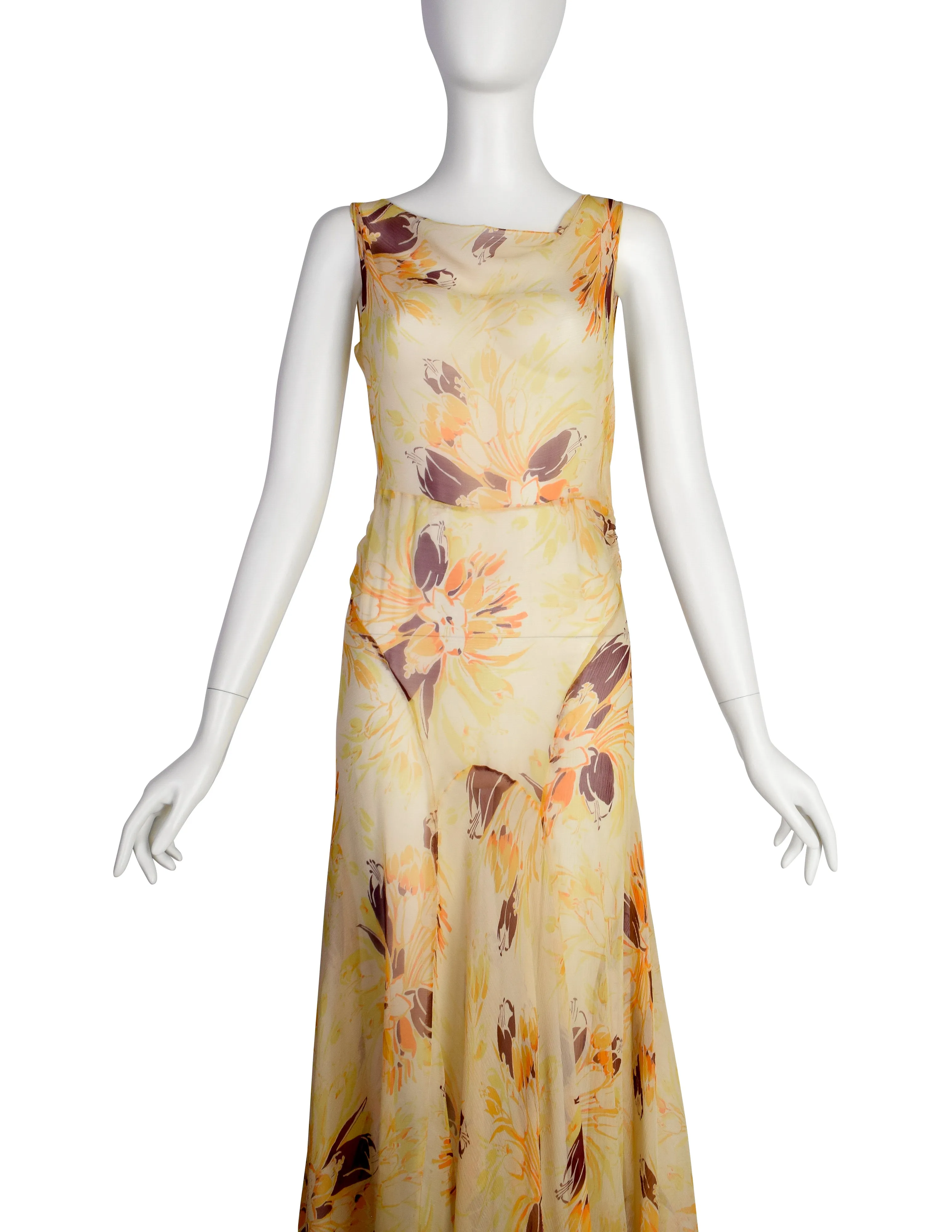 Vintage 1930s Yellow Orange Floral Silk Chiffon Bias Gown and Bolero Ensemble