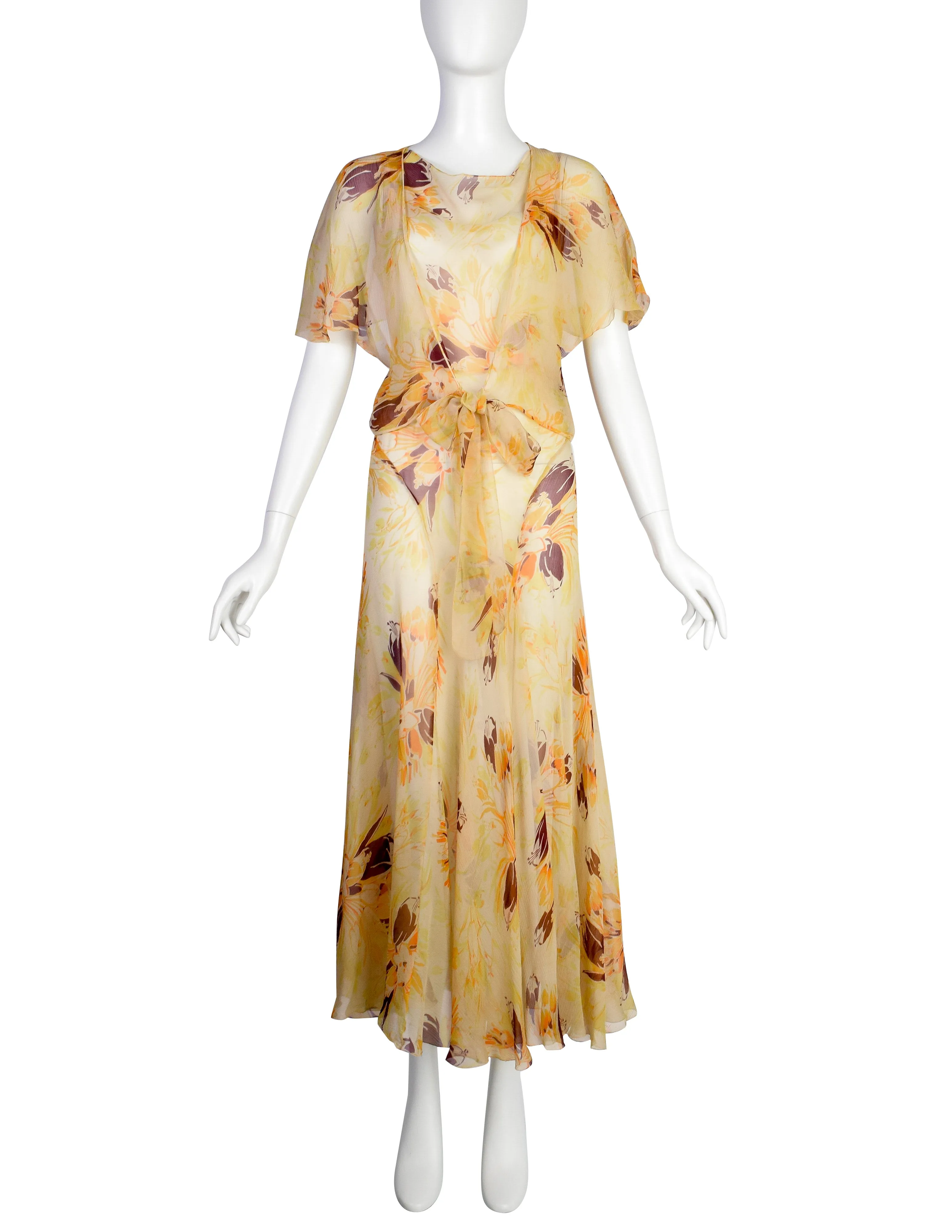 Vintage 1930s Yellow Orange Floral Silk Chiffon Bias Gown and Bolero Ensemble