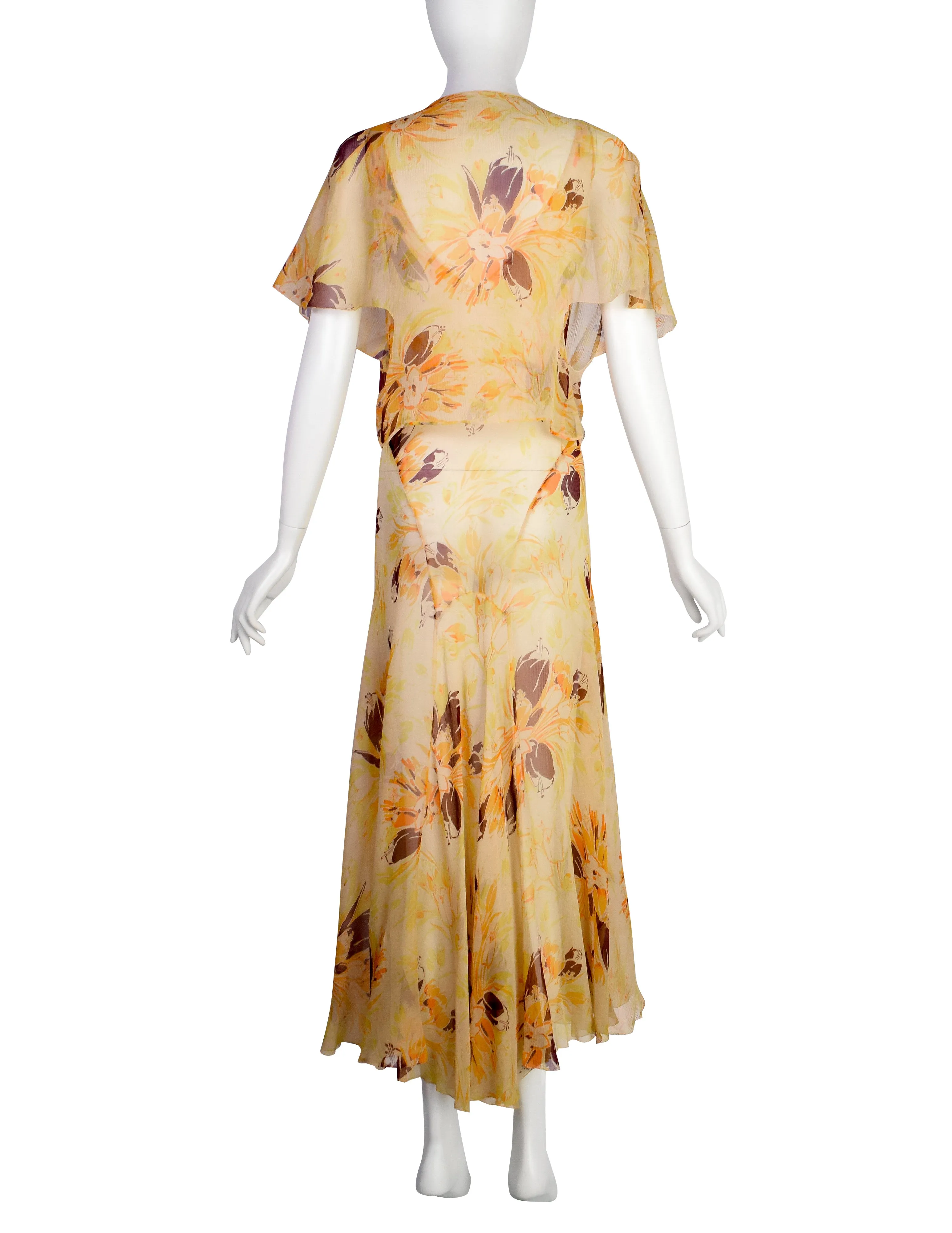 Vintage 1930s Yellow Orange Floral Silk Chiffon Bias Gown and Bolero Ensemble