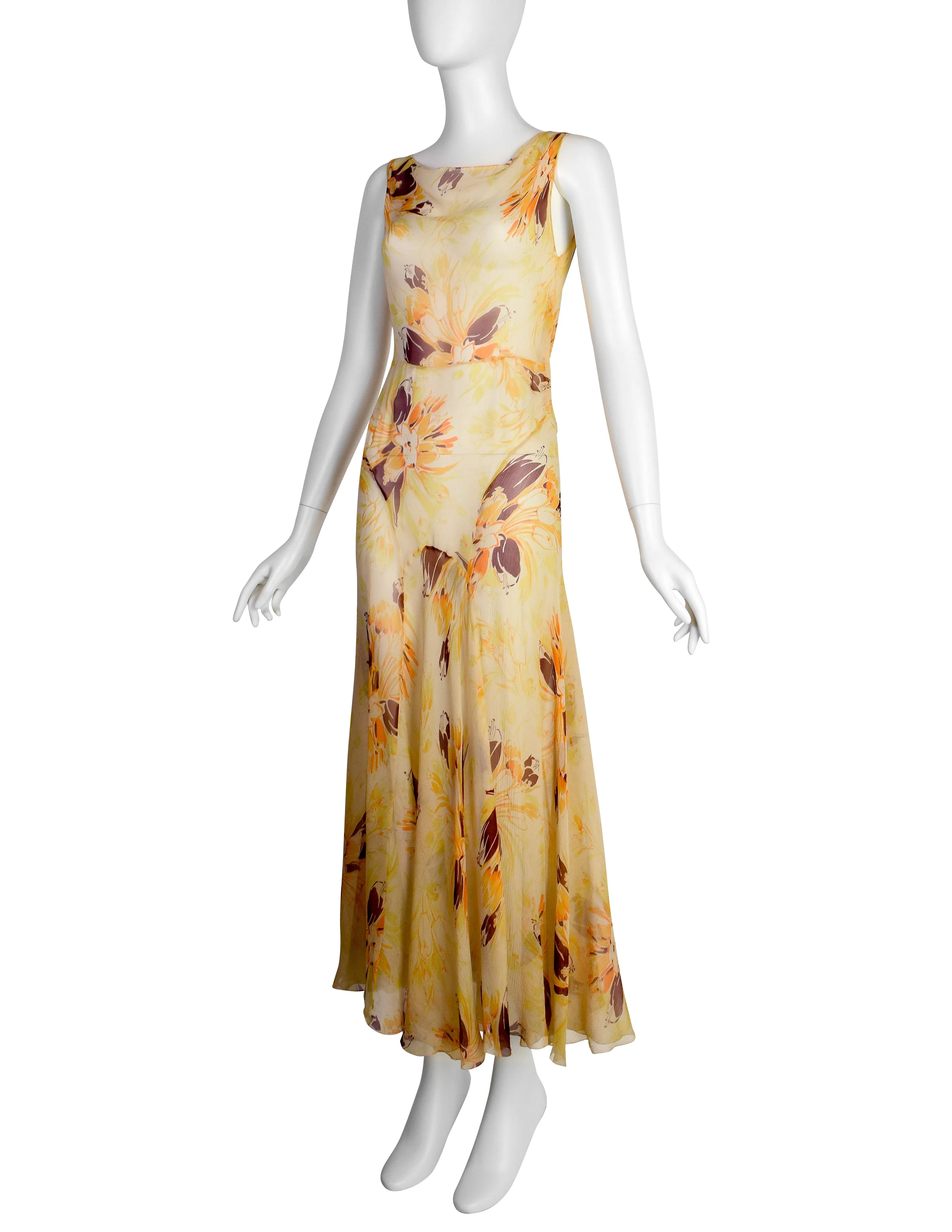 Vintage 1930s Yellow Orange Floral Silk Chiffon Bias Gown and Bolero Ensemble