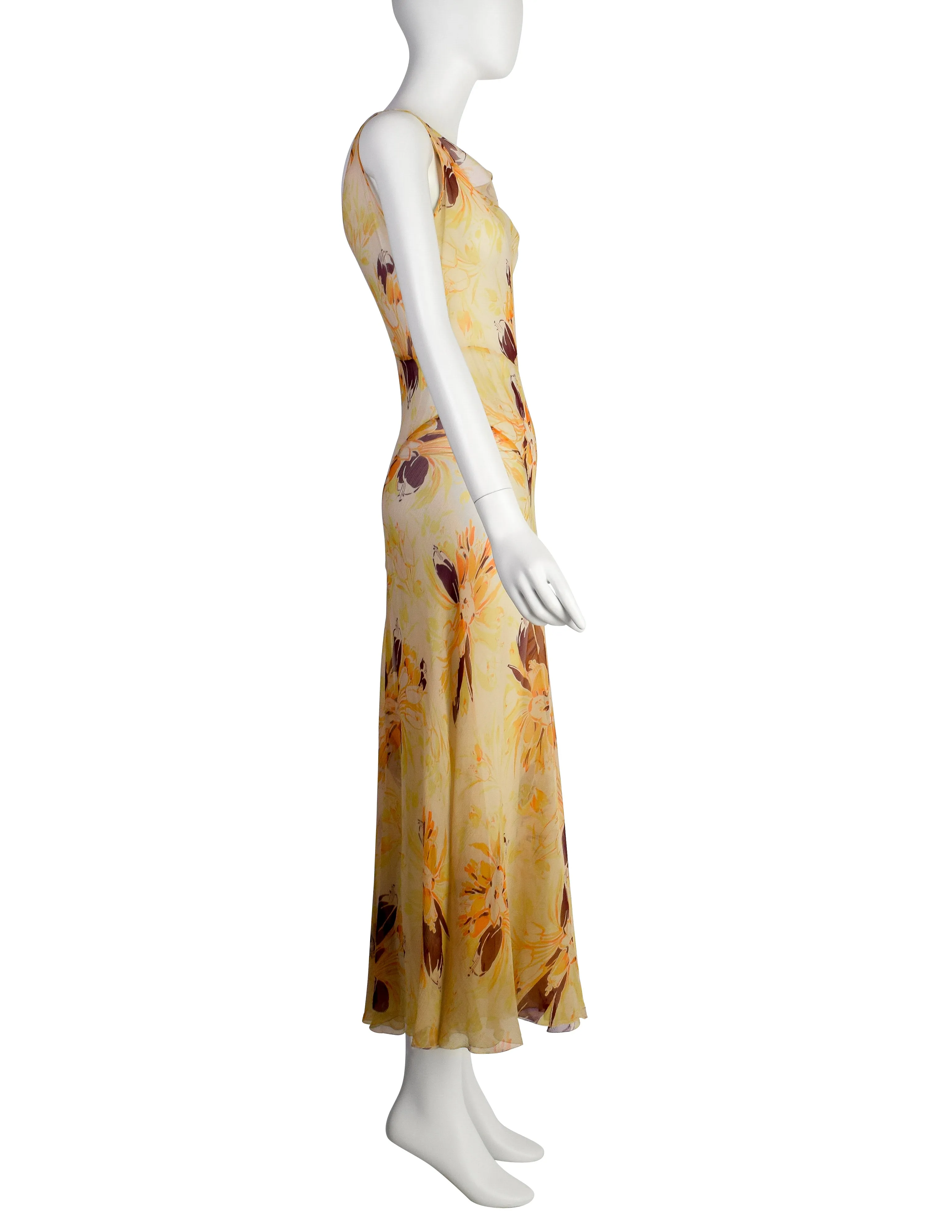 Vintage 1930s Yellow Orange Floral Silk Chiffon Bias Gown and Bolero Ensemble