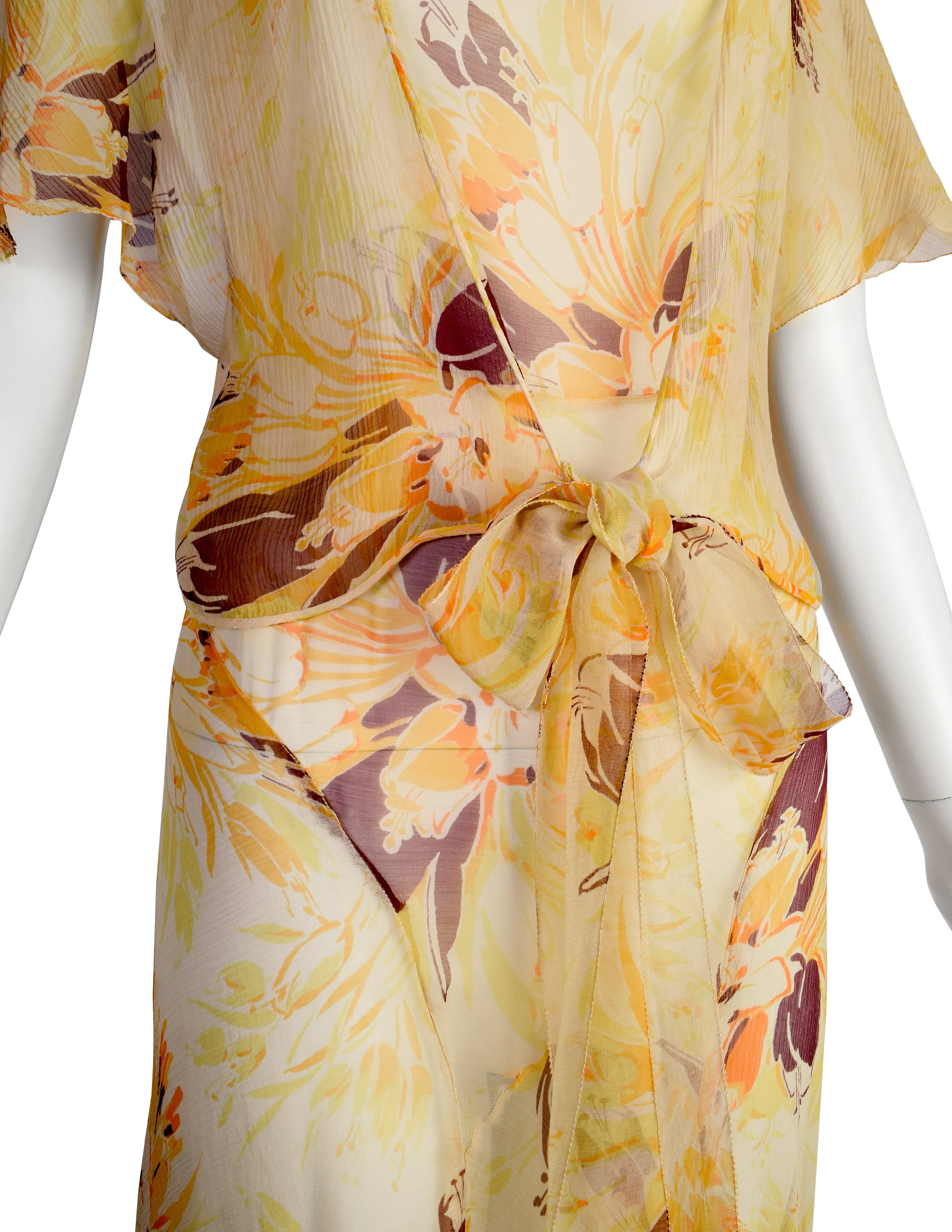 Vintage 1930s Yellow Orange Floral Silk Chiffon Bias Gown and Bolero Ensemble