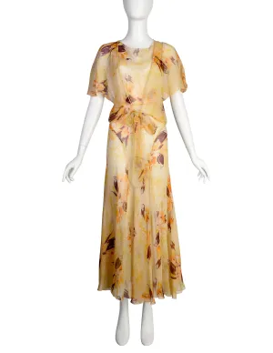 Vintage 1930s Yellow Orange Floral Silk Chiffon Bias Gown and Bolero Ensemble