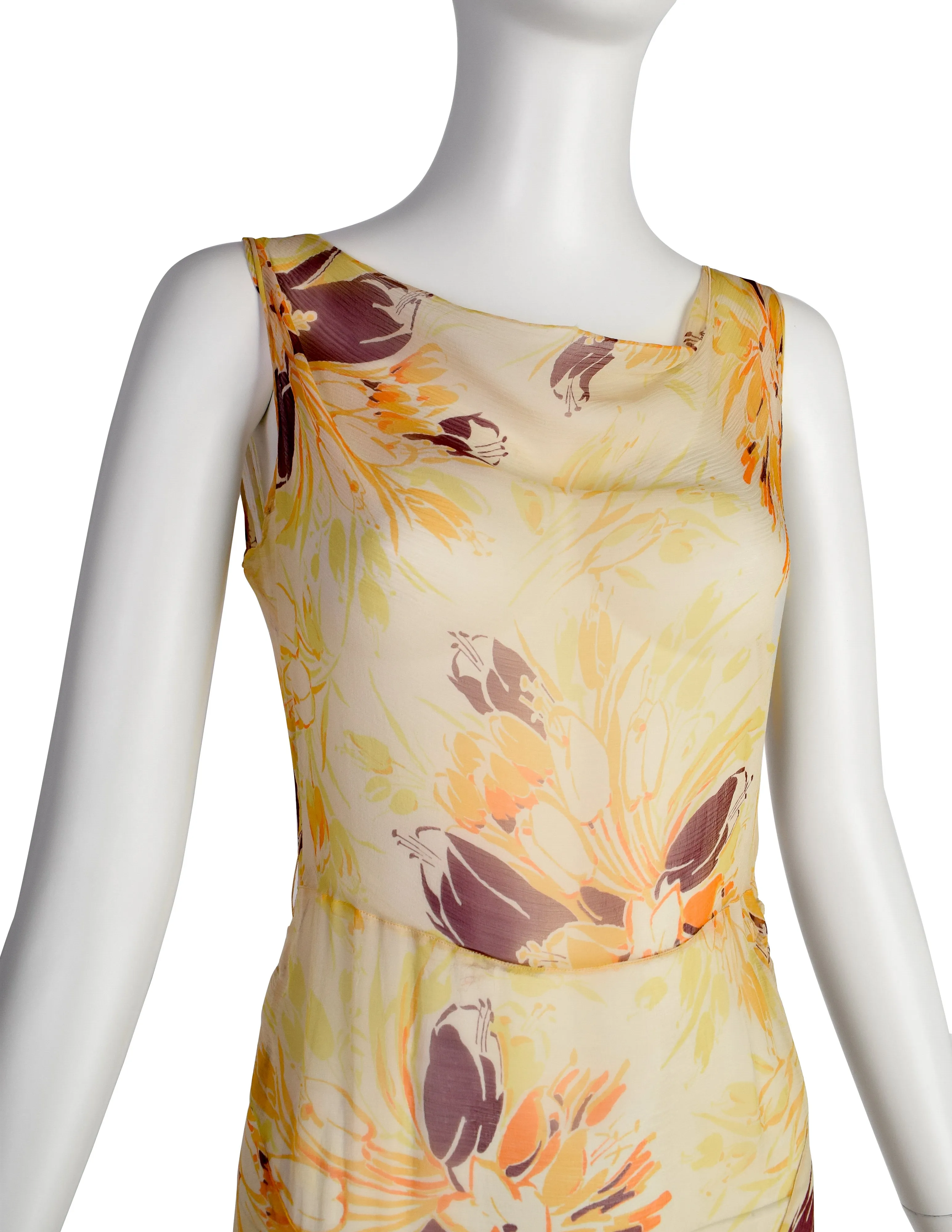 Vintage 1930s Yellow Orange Floral Silk Chiffon Bias Gown and Bolero Ensemble