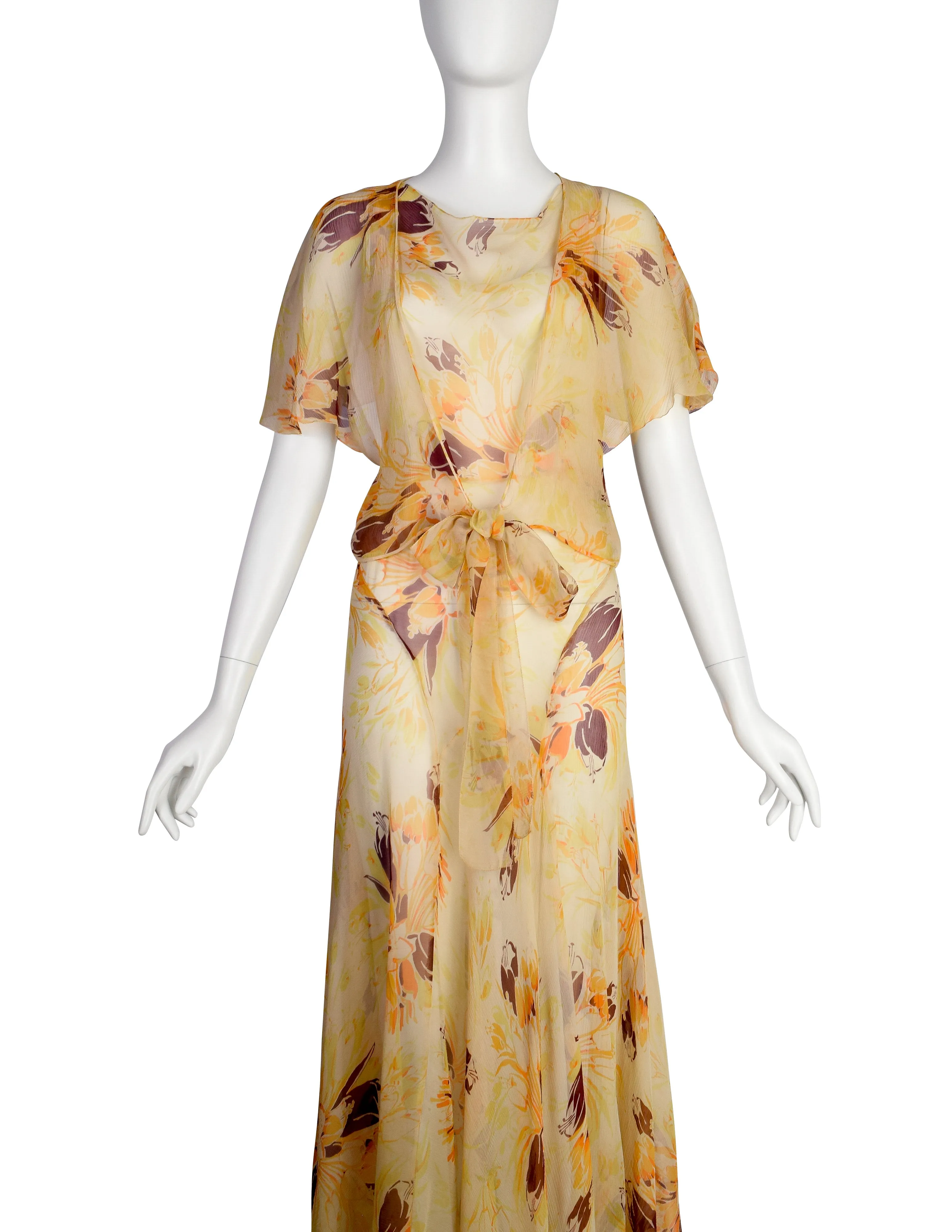 Vintage 1930s Yellow Orange Floral Silk Chiffon Bias Gown and Bolero Ensemble