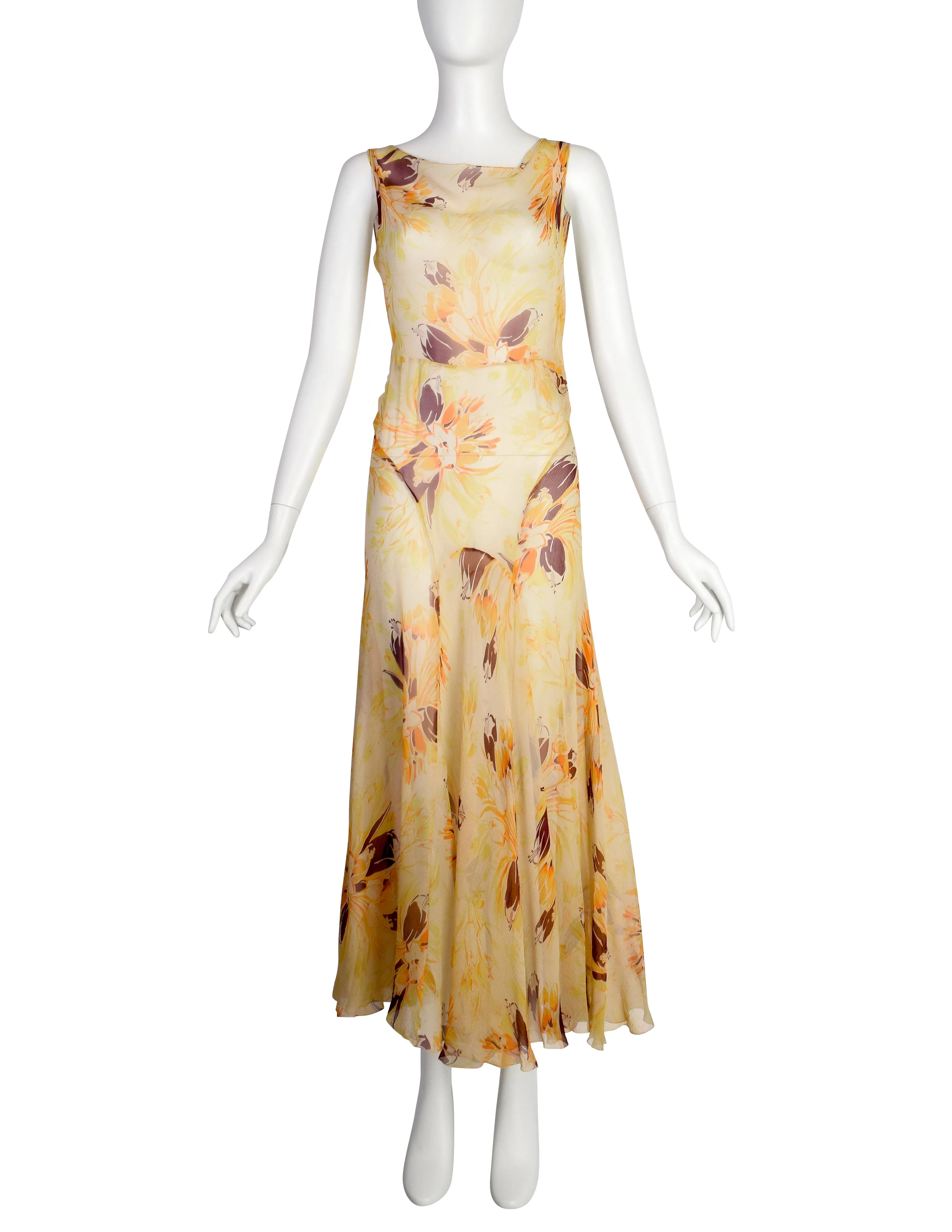 Vintage 1930s Yellow Orange Floral Silk Chiffon Bias Gown and Bolero Ensemble