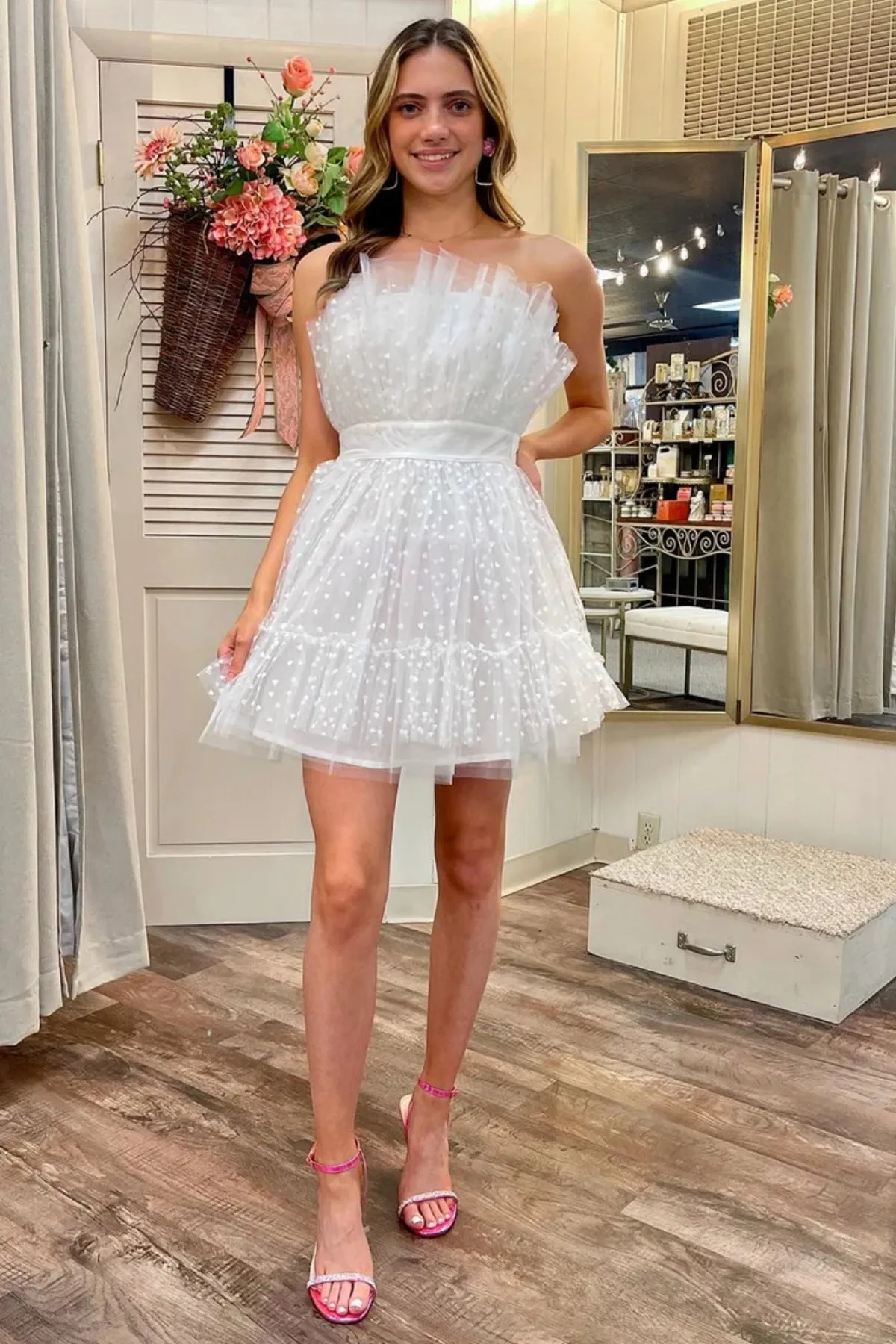 White Polka Dot Strapless Ruffle Short Prom Dress, White Tulle Homecoming Dress, White Formal Evening Dress A2145