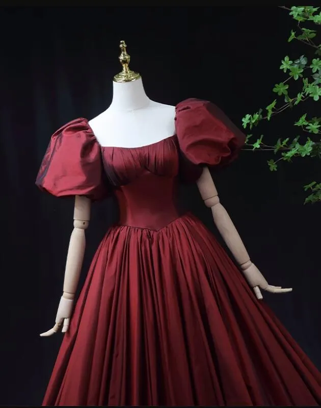 Wine Red Taffeta Short Sleeves Long Prom Dress, Wine Red Evening Dress Formal Dress