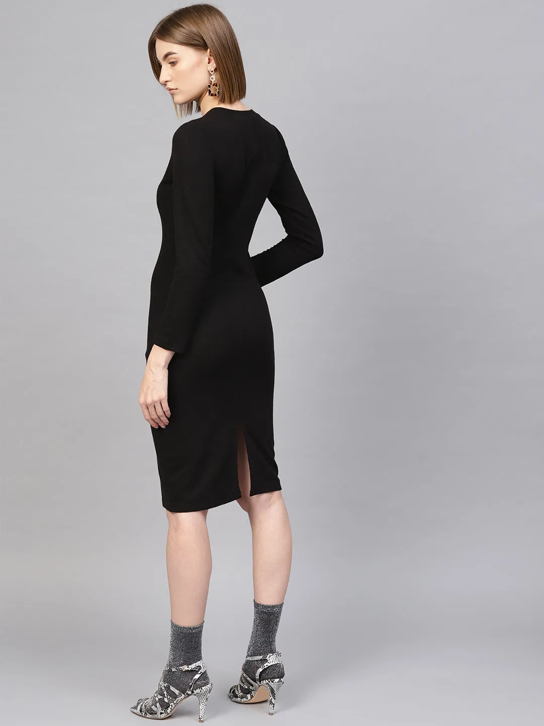 Women Black Rib Full Sleeves Bodycon Dress