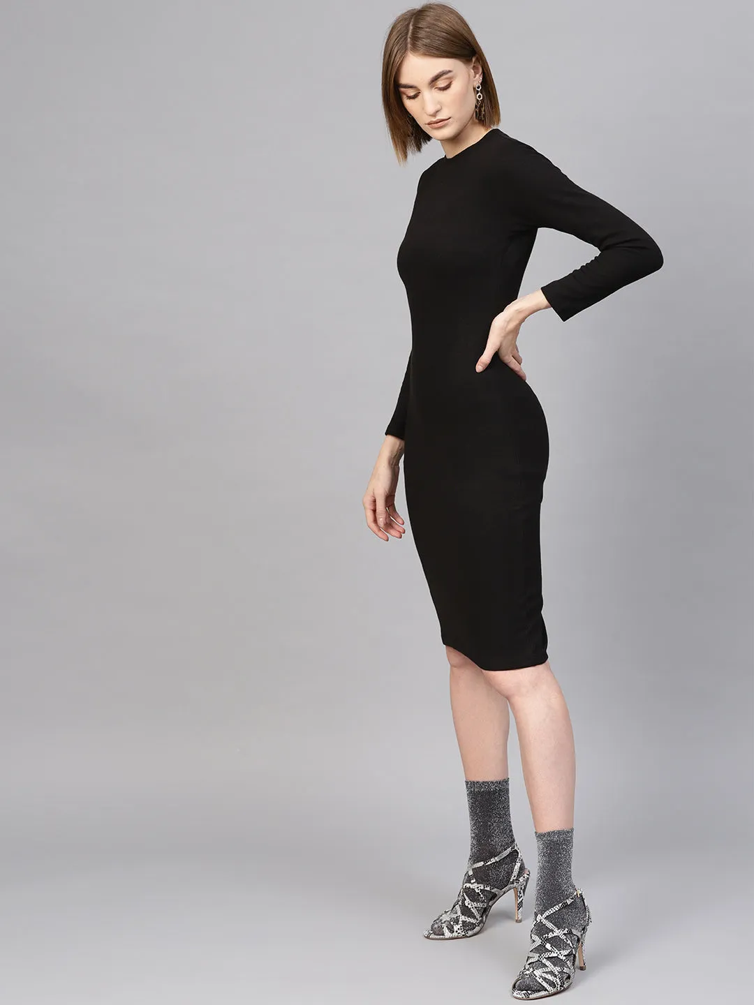 Women Black Rib Full Sleeves Bodycon Dress