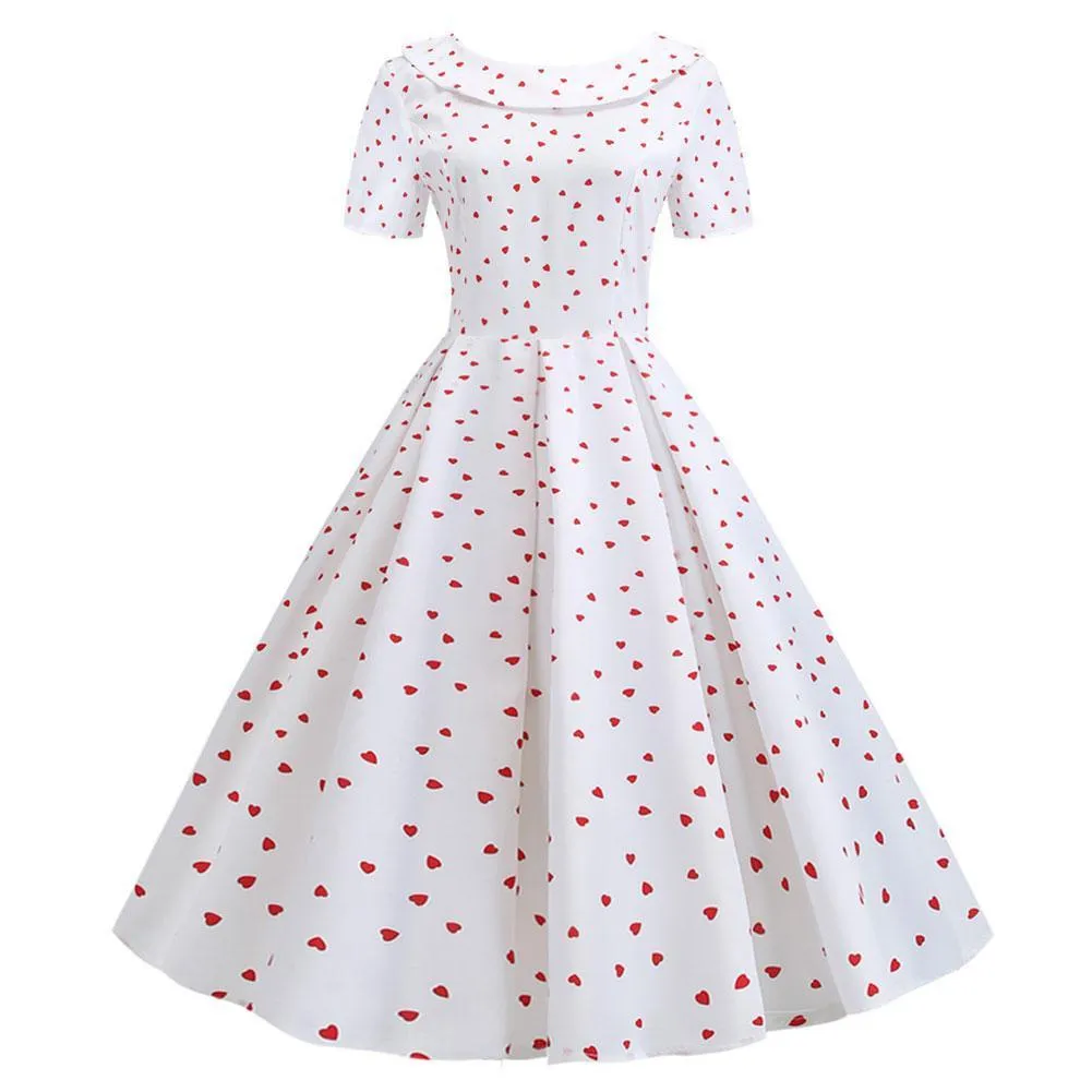 Women Fashion Retro Vintage Dress Doll Peter Pan Collar Dress Heart Print Bowknot Hepburn Elegant Party Dress