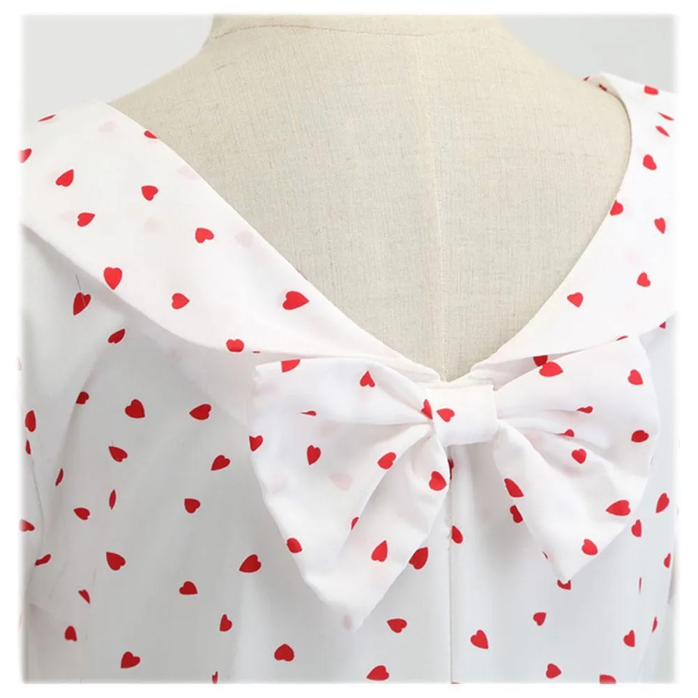 Women Fashion Retro Vintage Dress Doll Peter Pan Collar Dress Heart Print Bowknot Hepburn Elegant Party Dress