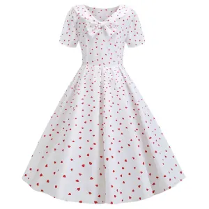 Women Fashion Retro Vintage Dress Doll Peter Pan Collar Dress Heart Print Bowknot Hepburn Elegant Party Dress