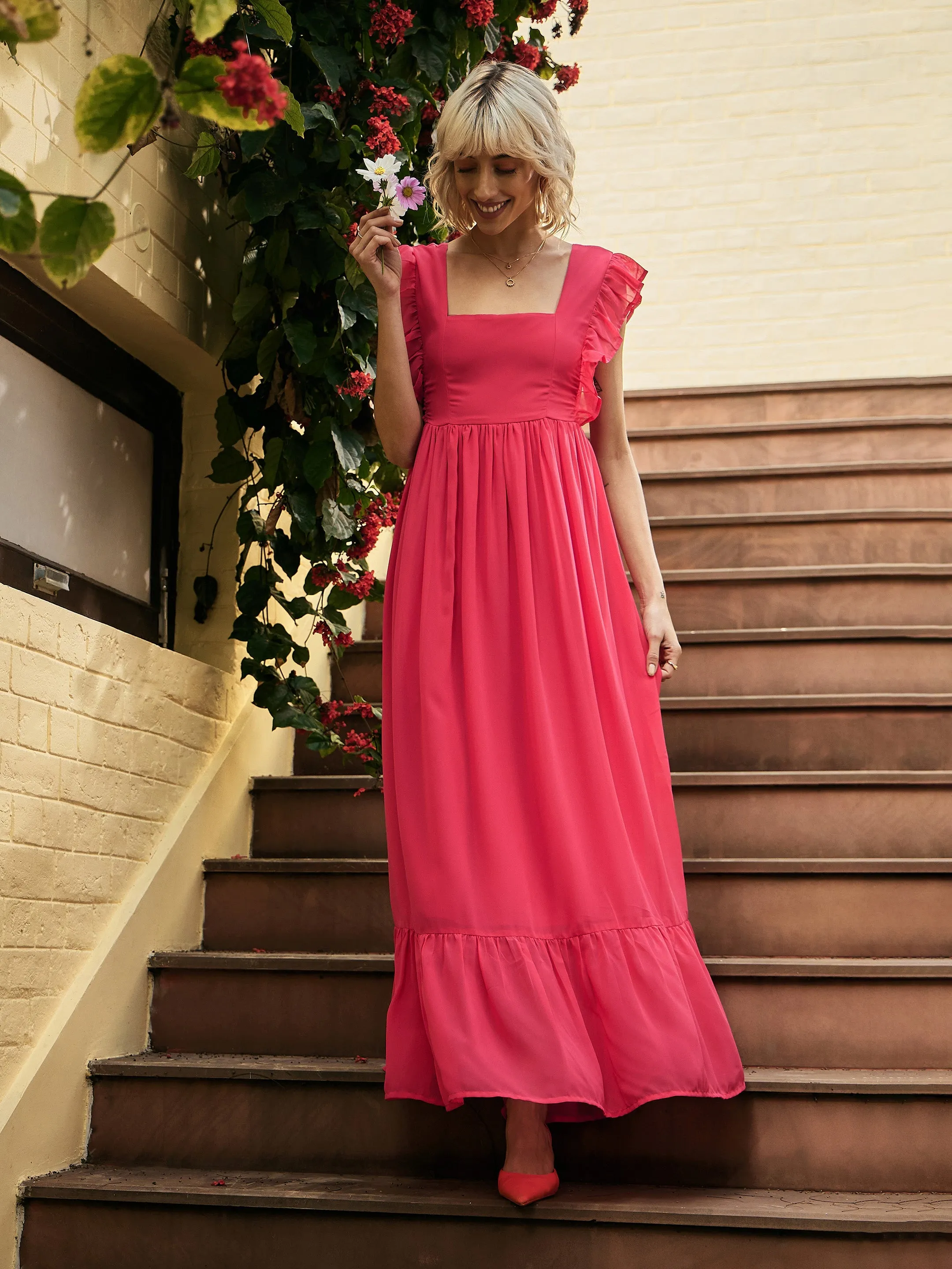 Women Fuchsia Square Neck Frill Hem Maxi Dress