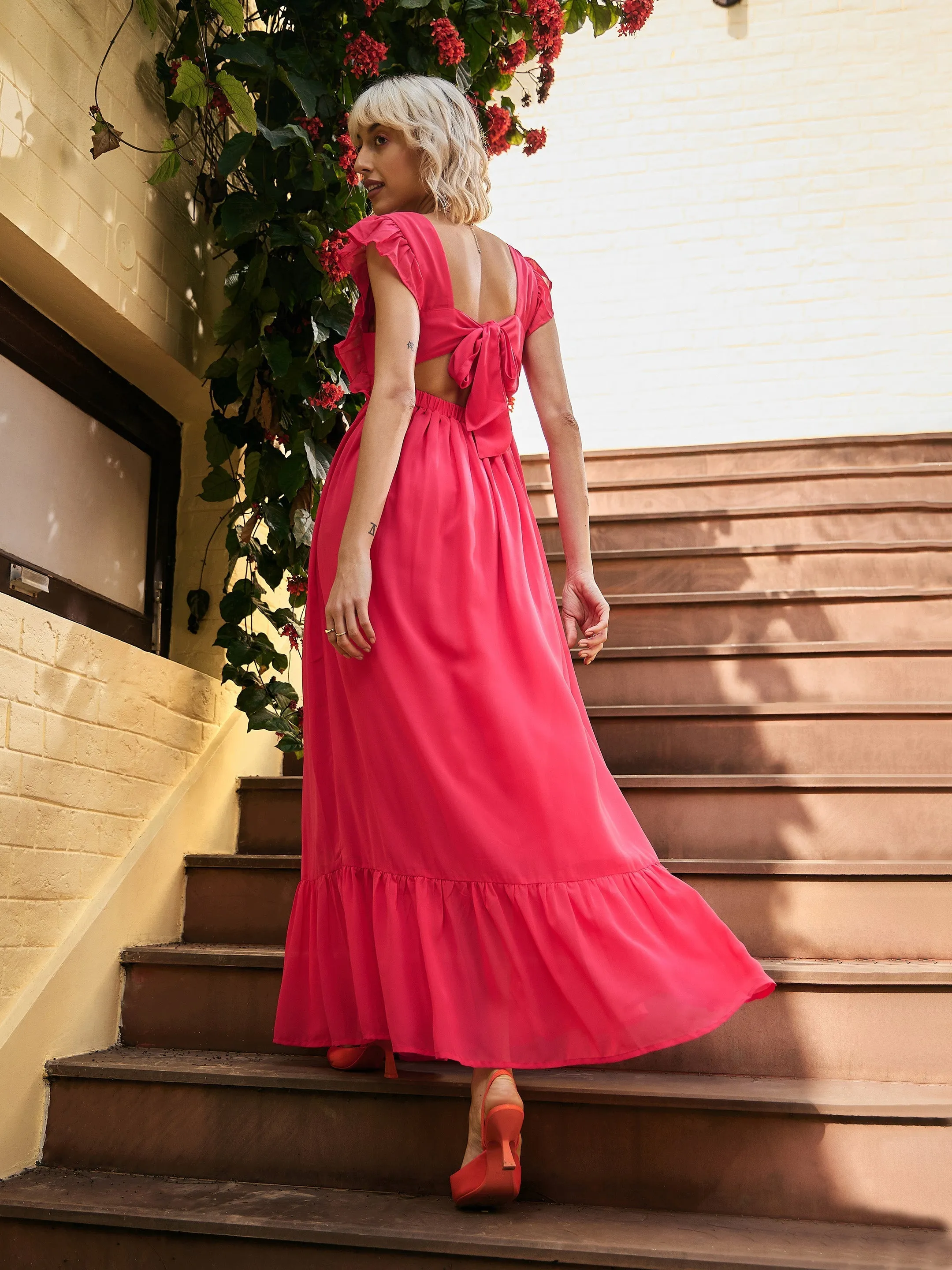 Women Fuchsia Square Neck Frill Hem Maxi Dress