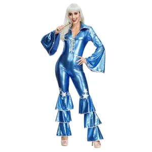 Women Halloween Costume Blue Onesies Retro 70s Disco Show Nightclubs Singer Costumes