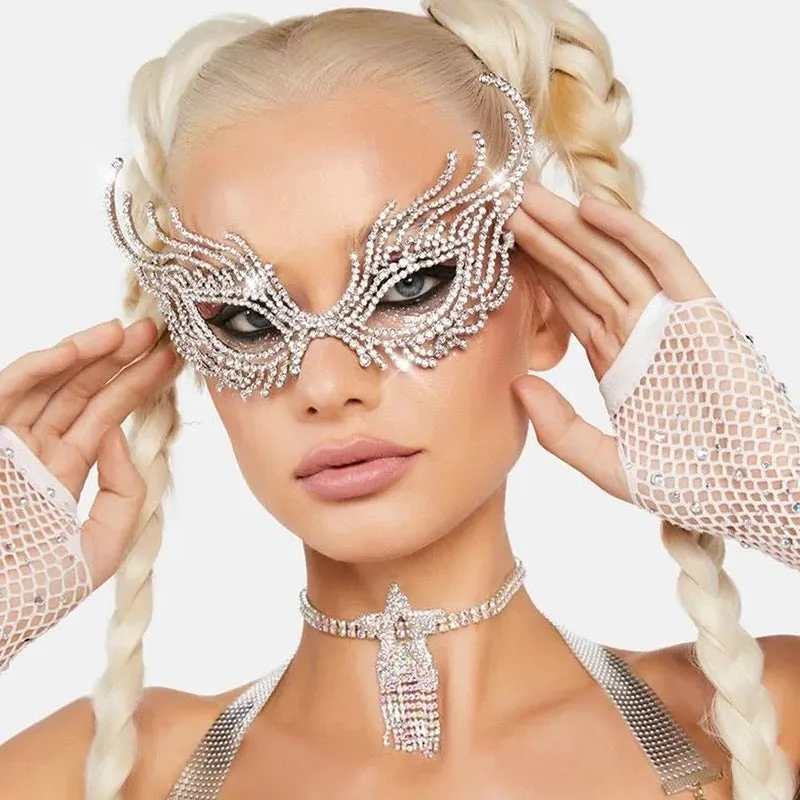 Women Lace Sexy Elegant Crystal Rhinestone Masquerade Ball Party Mask - Silver ((Style 11 ))