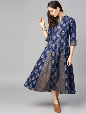 Women Navy And Golden Printed Woven Maxi Dress