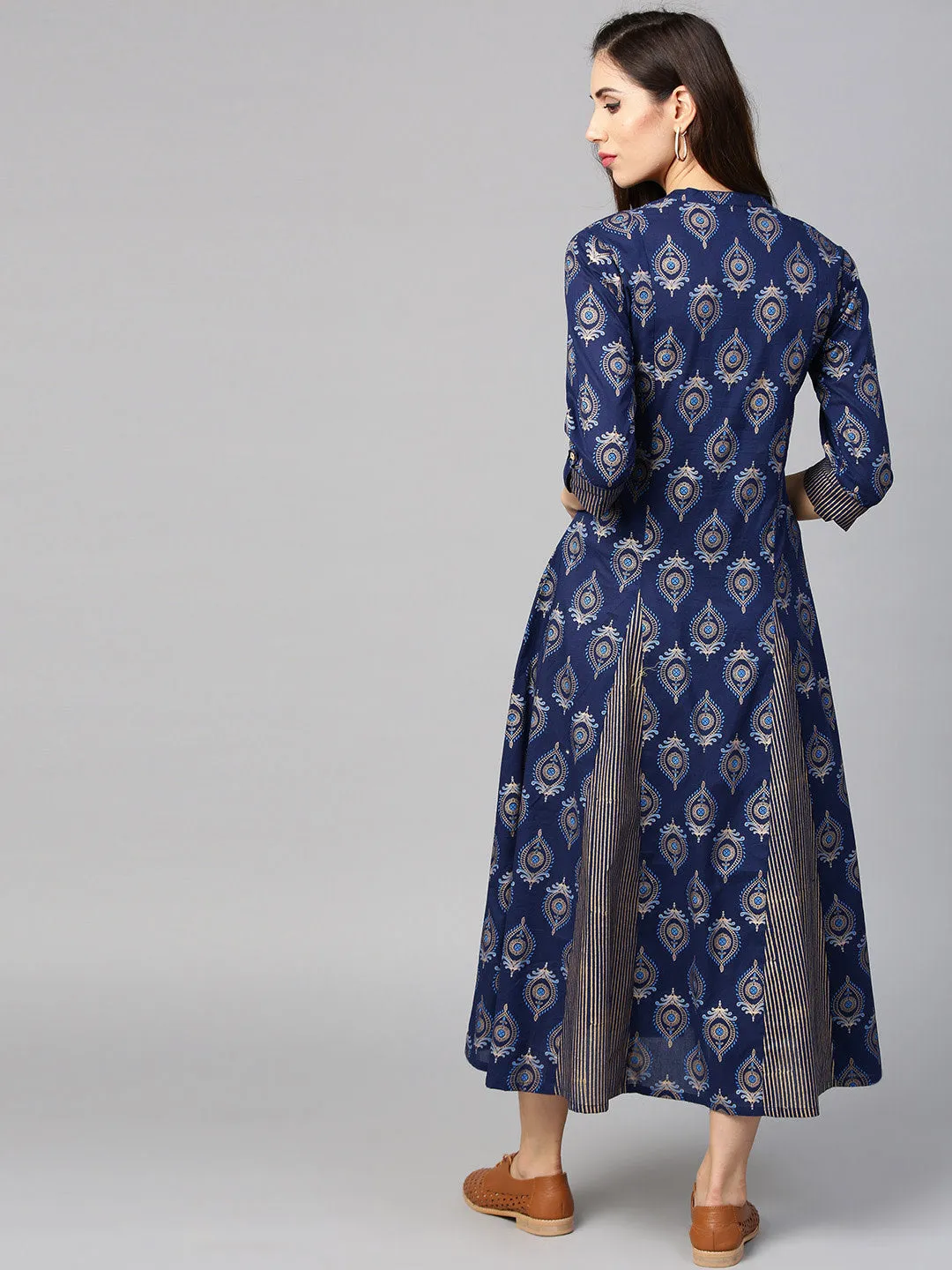 Women Navy And Golden Printed Woven Maxi Dress