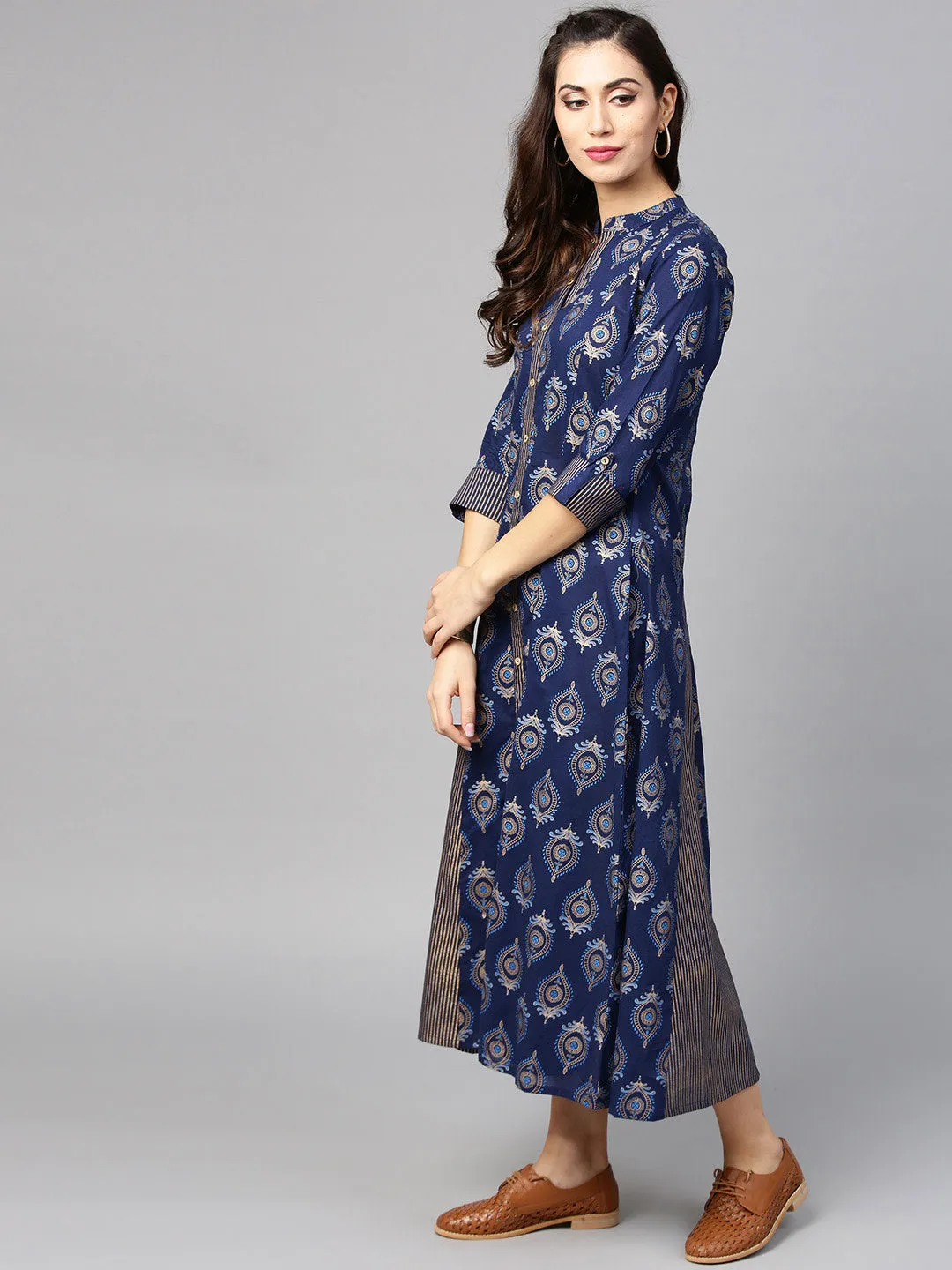 Women Navy And Golden Printed Woven Maxi Dress