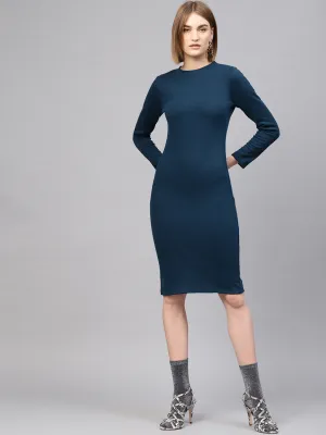 Women Teal Rib Full Sleeves Bodycon Dress