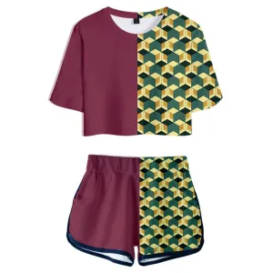 Women  Tomioka Giyuu Cosplay Crop Top & Shorts Set Summer 2 Pieces Casual Clothes