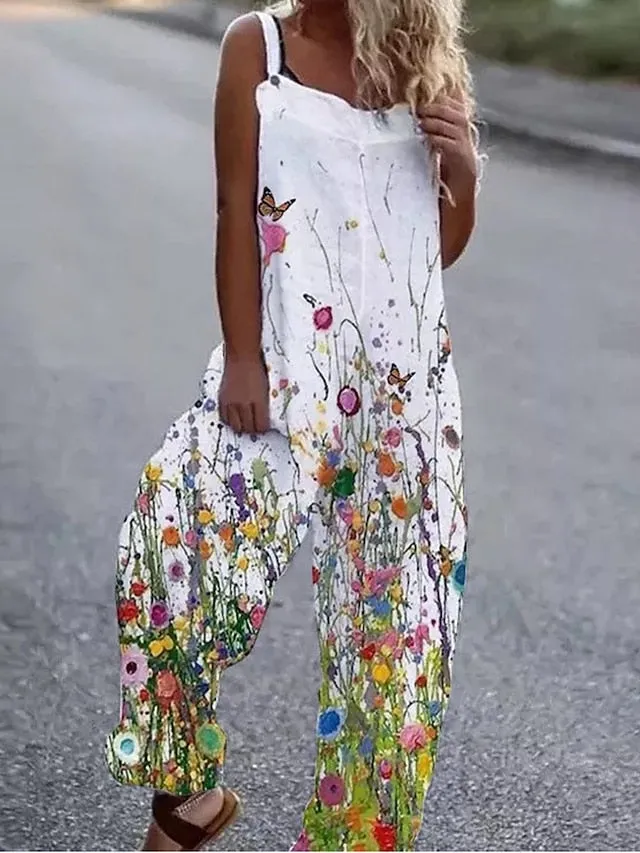 Women's Overall Print Floral U Neck Streetwear Vacation Going out Regular Fit Strap Black Light Green Red S M L Spring