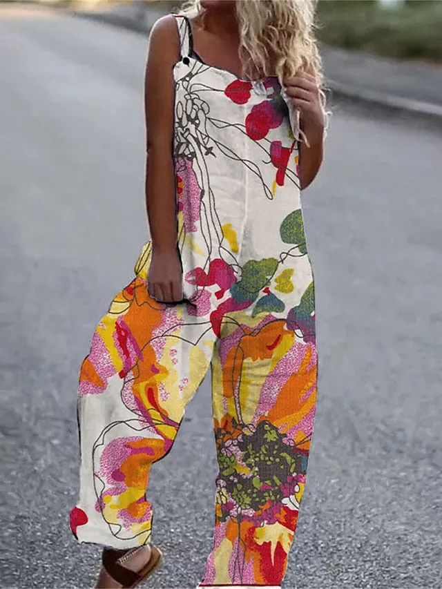 Women's Overall Print Floral U Neck Streetwear Vacation Going out Regular Fit Strap Black Light Green Red S M L Spring